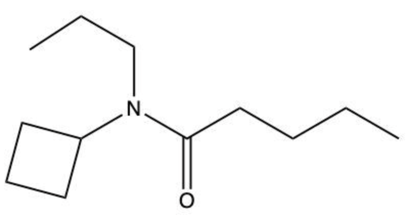 Structural formula of N-cyclopentyl-N-propylvaleramide showing amide group with cyclopentyl and propyl substituents.