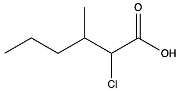 Line-angle formula for 3-chloro-4-methylhexanoic acid, illustrating chlorine and carboxylic acid structures.