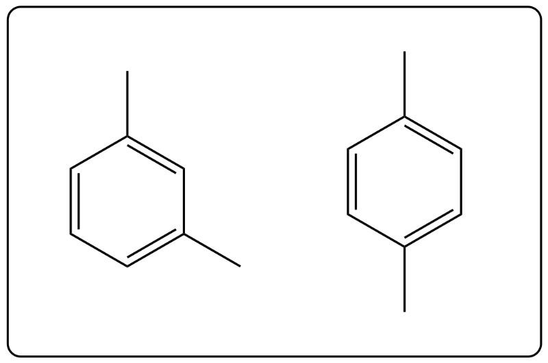 Line-angle structures of two xylene isomers depicting methyl group placements on a benzene ring.