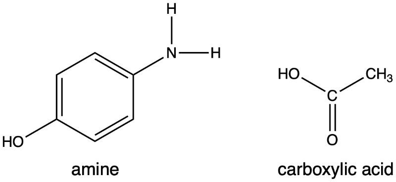 Chemical structure of an amine and a carboxylic acid, labeled with hydrogen atoms and methyl group.
