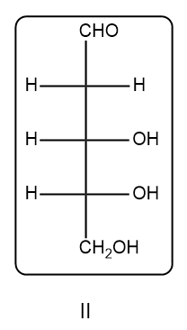 Fischer projection of a deoxy sugar with 5 carbons, labeled II.