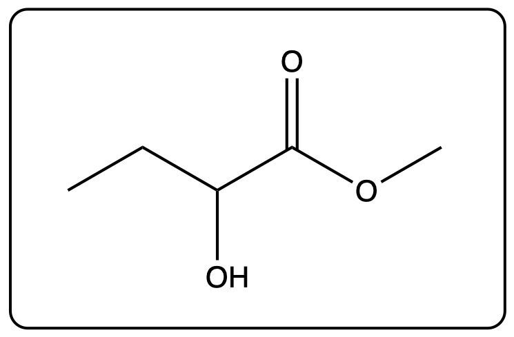 Chemical structure of methyl 3-hydroxybutanoate showing hydroxyl and ester groups.