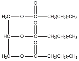 Chemical structure of glyceryl trilaurate with three capric acid chains.