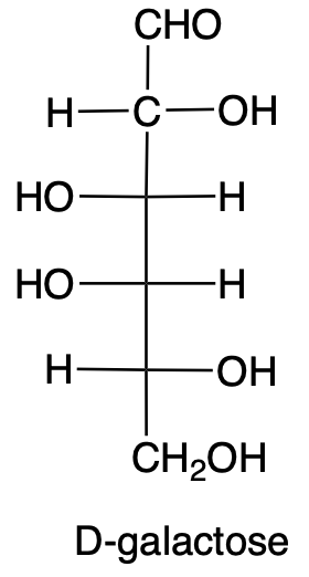 Structural formula of D-galactose showing its molecular structure.