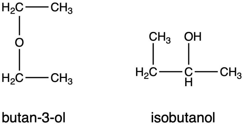Structures of butan-3-ol and isobutanol for alcohol formula C3H8O.