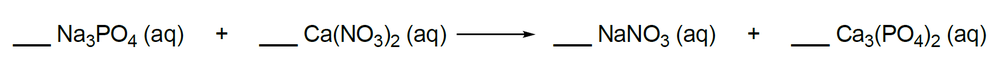 Blank spaces for coefficients in a chemical equation involving sodium phosphate, calcium nitrate, sodium nitrate, and calcium phosphate.