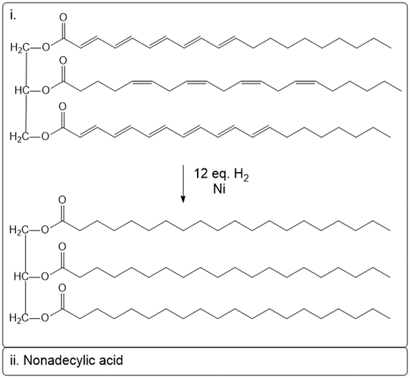 Hydrogenation reaction of nonadecylic acid with 12 eq. H2 and Ni.