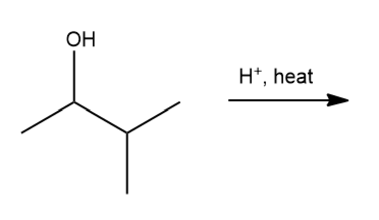 Chemical structure of an alcohol with -OH group, indicating dehydration reaction conditions.