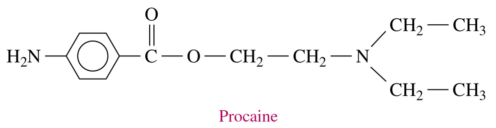 Chemical structure of procaine, a local anesthetic, with labeled components including amine and ester groups.