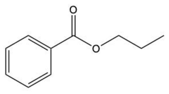 Chemical structure of phenyl propanoate showing a benzene ring attached to a propanoate ester group.
