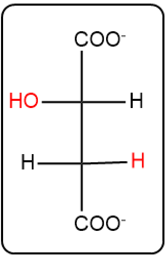 Chemical structure of a product in the citric acid cycle, marking water atoms from step 7.