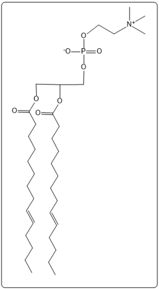 Structure of a glycerophospholipid with glycerol, two myristic acids, phosphate, and choline.