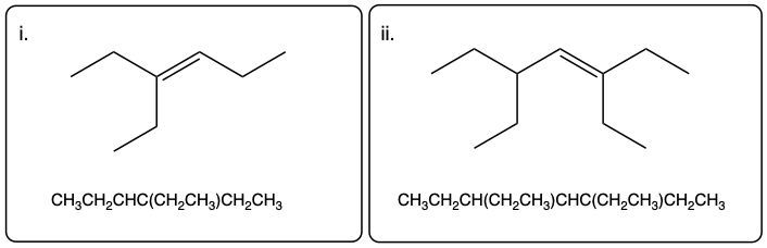 Condensed and line structures for 3-ethylhex-3-ene and 3,5-diethylhept-3-ene.
