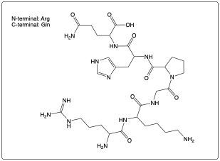 Chemical structure of Arg-His-Pro-Gly-Gln with N-terminal Arg and C-terminal Gln.