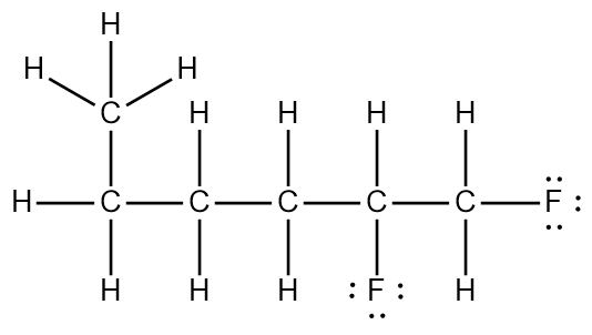 Lewis structure of a carbon chain with fluorine atoms and hydrogen bonds.