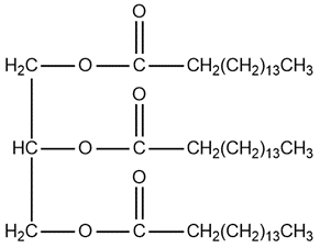 Structure of glyceryl tripalmitate with three long carbon chains, indicating a higher number of carbon atoms.