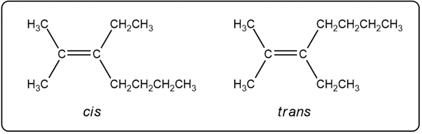 Cis and trans stereoisomers of (CH3)2C=C(CH2CH3)CH2CH2CH2CH3.