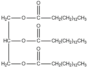 Structure of glyceryl tripalmitate with three carbon chains, each with a slightly different length.