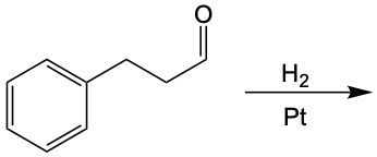 Chemical reaction showing the reduction of an aldehyde to an alcohol using hydrogen and platinum.