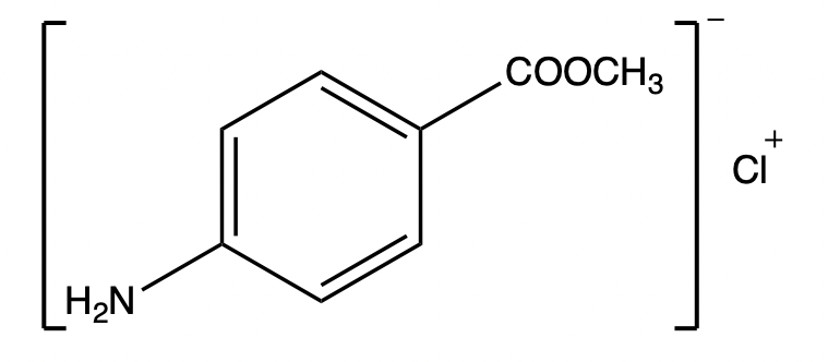 Condensed structural formula of benzocaine hydrochloride with a methyl ester.