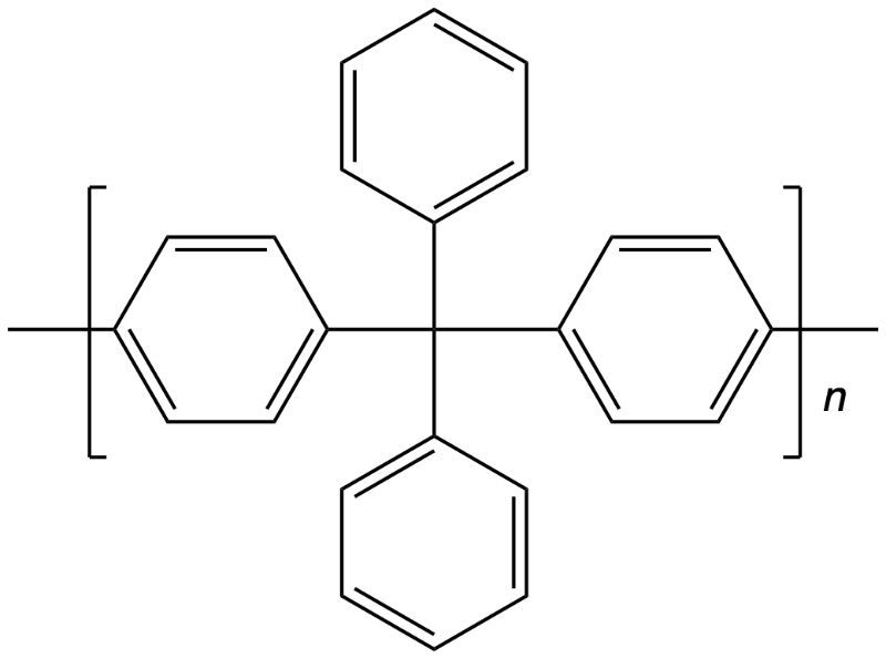Chemical structure of polystyrene polymer showing repeating styrene units.