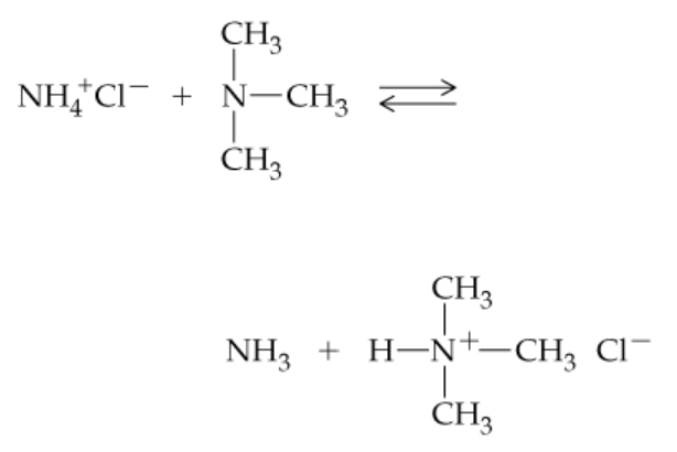 Chemical reaction diagram comparing trimethylamine and ammonia as bases.