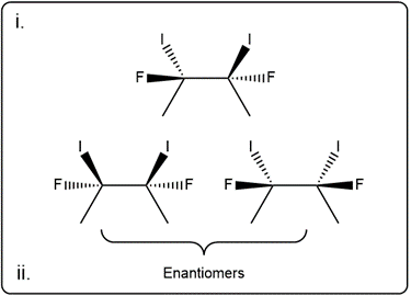 Stereoisomers of 2,3-difluoro-2,3-diiodobutane showing enantiomers.