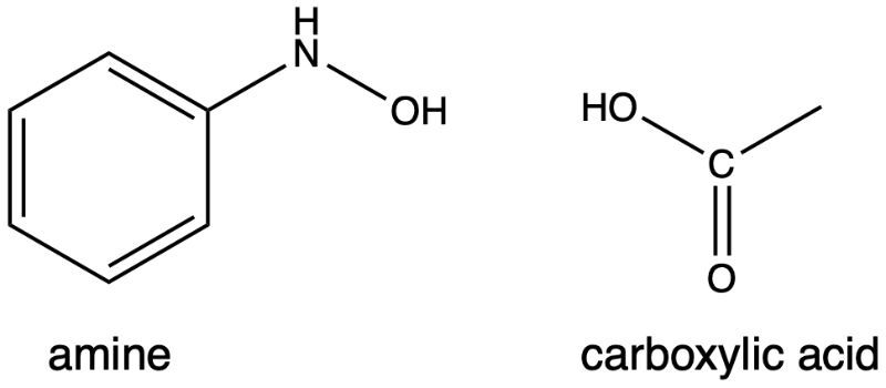 Chemical structure of an amine and a carboxylic acid, labeled accordingly.