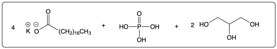 Reaction diagram showing saponification of a lipid with KOH, illustrating product formation.