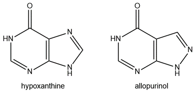 Chemical structures of hypoxanthine and allopurinol, related to enzyme inhibition in gout treatment.