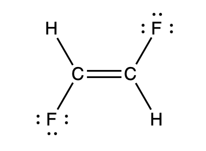 Lewis structure of tetrafluoroethene showing double bond between two carbon atoms and four fluorine atoms.