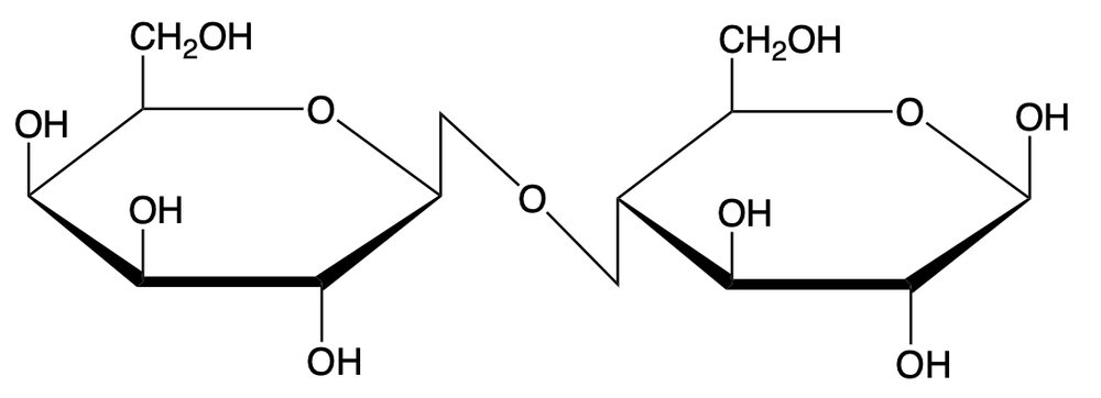 Chemical structure of lactose showing glycosidic linkage between monosaccharides.