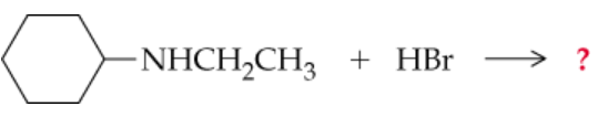 Chemical equation showing a reaction involving a nitrogen compound and HBr, with a question mark indicating an unknown product.