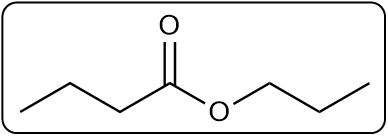 Line-angle formula for butyl propanoate, depicting carbon and oxygen structure.