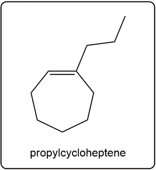 Line-angle structure of propylcycloheptene, a 7-membered cycloalkene.