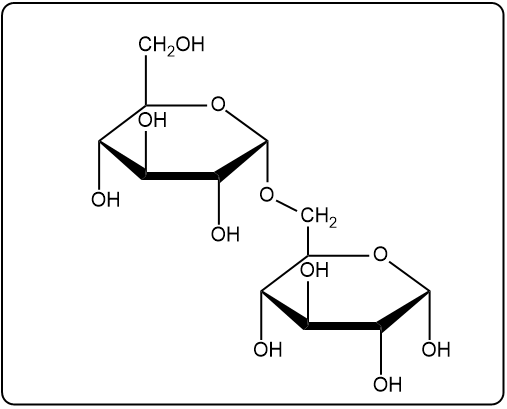 Haworth structure of isomaltose, depicting two α-D-glucose molecules connected by an α(1→6) glycosidic bond.