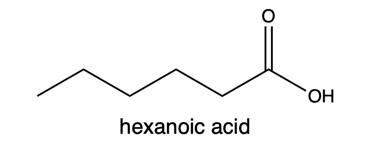 Line-angle formula of hexanoic acid with its name labeled.