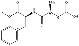 Chemical structure of aspartame with four chiral centers marked with asterisks.