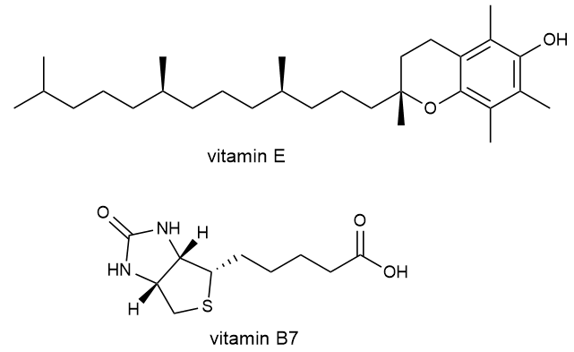 Chemical structures of vitamin E (fat-soluble) and vitamin B7 (water-soluble) for analysis.