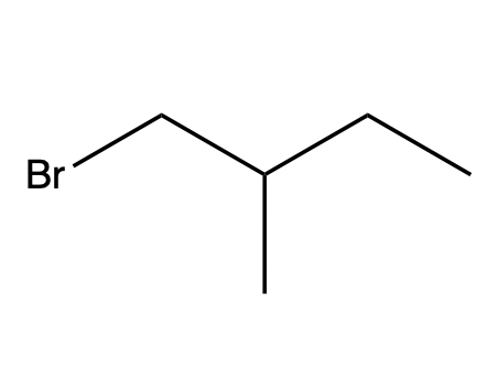 Skeletal formula of 1-bromo-3-methylbutane, showing bromine and carbon structure.