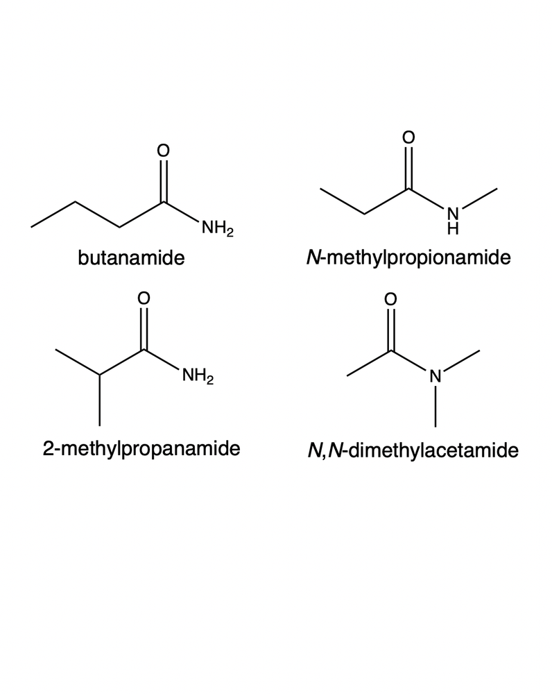 Structures of amide isomers for C4H9NO with IUPAC names.