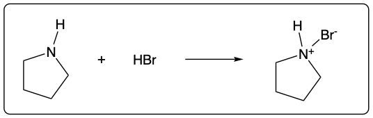 Chemical reaction of an amine with HBr, resulting in a protonated amine and bromide ion.