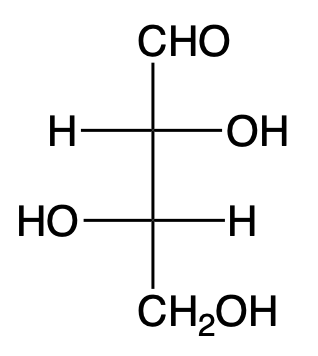 Chemical structure illustrating a D or L enantiomer for carbohydrates in chapter 20 of the gob course.