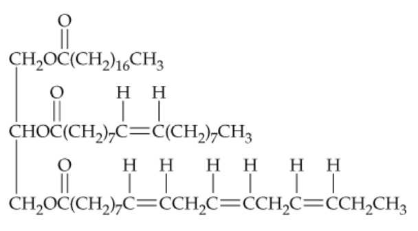 Chemical structure of a triacylglycerol showing bonds and functional groups for hydrolysis reactions.