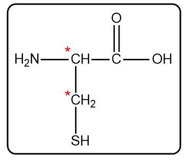 Cysteine structure with two asterisks indicating two chiral carbon atoms.