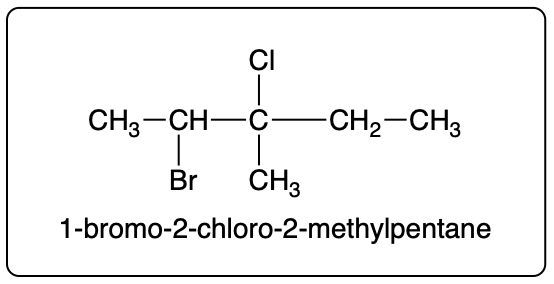Condensed structural formula and IUPAC name for 1-bromo-2-chloro-2-methylpentane.