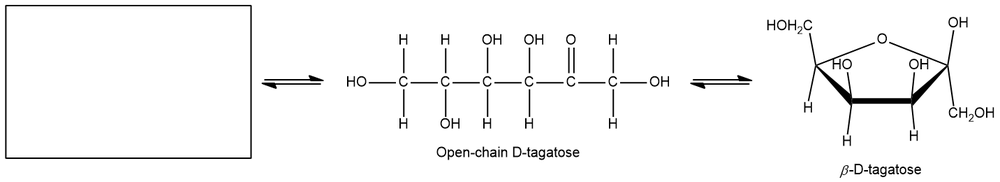 Mutarotation reaction of D-tagatose showing open-chain and beta-D-tagatose structures.