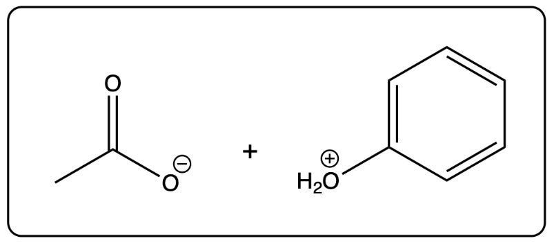 Chemical structures showing the reaction of phenyl acetate with water in acid-catalyzed hydrolysis.