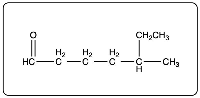 Condensed structural formula of 3-ethyl-5-methylhexanal with different arrangement.