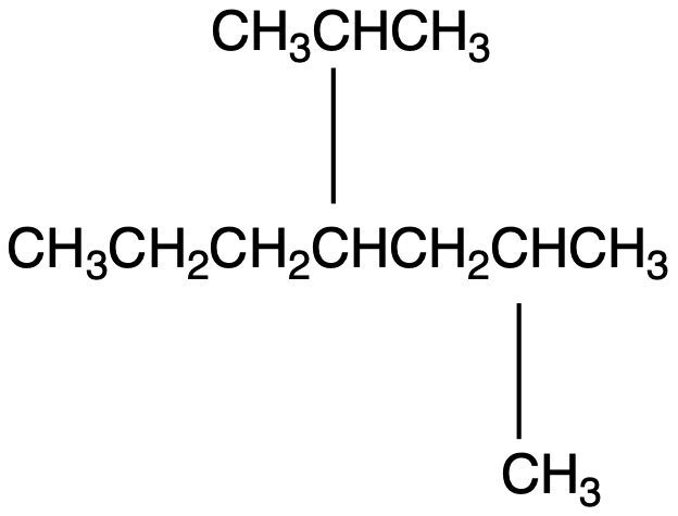 Structural formula of 2-methyl-4-(propan-2-yl)heptane for IUPAC naming.